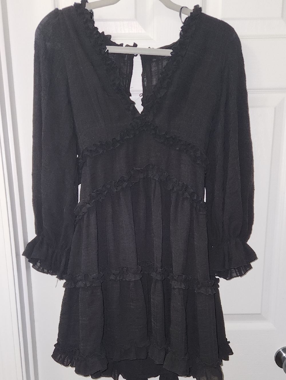 fab'rik Black Ruffle V-Neck Mini Dress